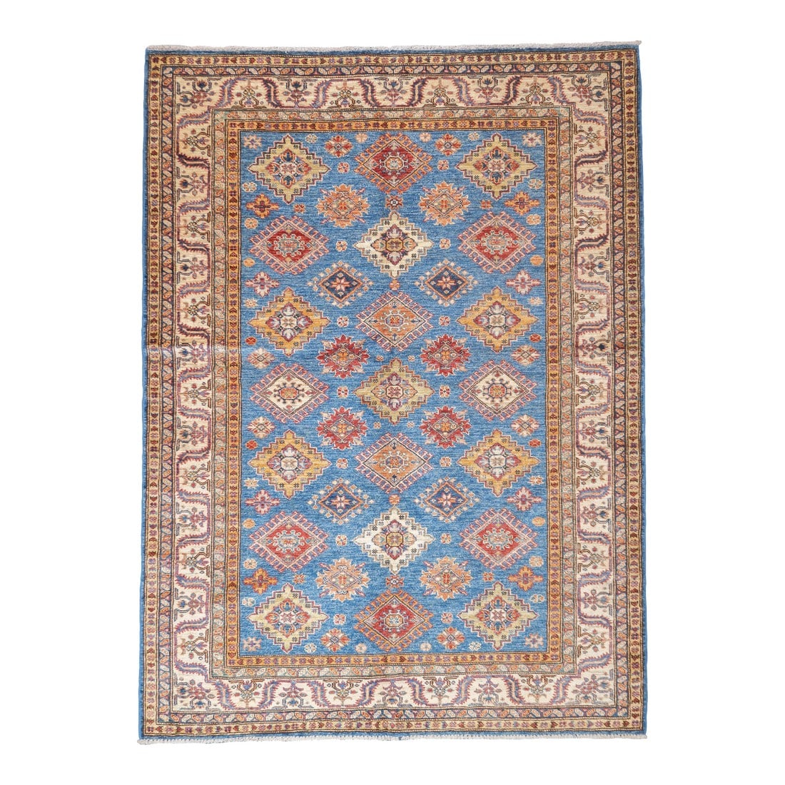Pak Kazak Rug 5'1'' X 6'11'': PAK Kazak Rug 5'1'' x 6'11''. Pakistani post-WWII rug, generally scatters, with soft wool and curvilinear Persianate designs. Synthetic dyes, cotton foundations. Moderate to medium weaves. Condition: 