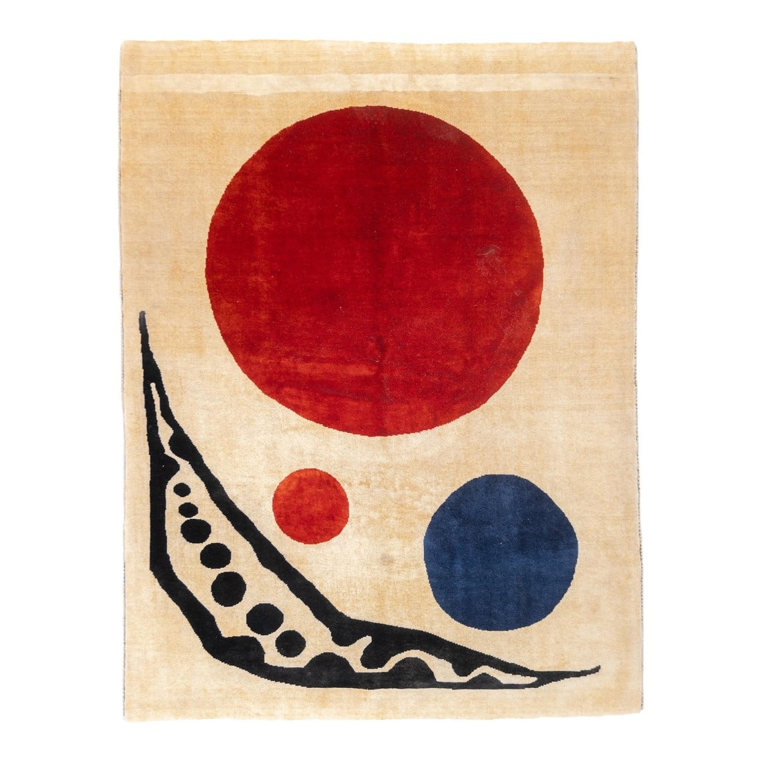 Mid 20th Century French Artistic Wool Rug Inspired by Calder 4'10'' X 6'6'': Mid Century French Artistic Wool Rug Inspired by Calder 4'10'' x 6'6''. In particular, the NE Chinese roomsize, scatter, runner and round pieces of the 1920's and 30's with purely abstract, or Chinese