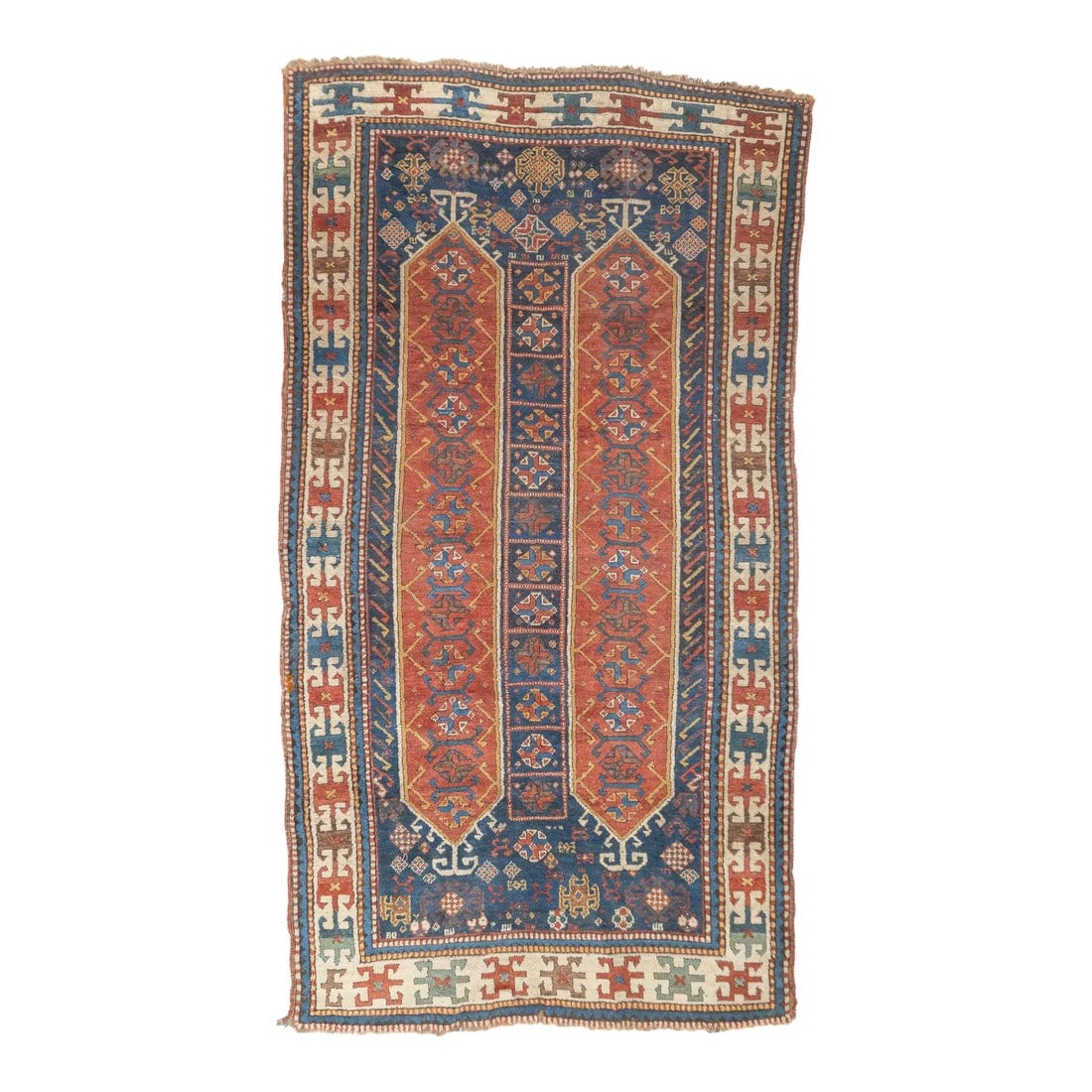 Antique Caucasian Kazak Rug 4'4'' X 8'0": Antique Caucasian Kazak Rug 4'4'' x 8'0". SW Caucasus/Armenia. Boldly patterned, strongly colored, totally geometric, all wool, coarse to moderate weave, medium to long pile, scatter format pieces, in