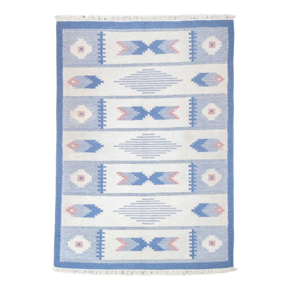 Vintage Swedish Kilim Rug 4'5'' X 6'3'': Vintage Swedish Kilim Rug 4'5'' x 6'3''. A technique rather than a type of rug. Technique is: slit tapestry, warp shared wefting, single or double weft interlocking. Also refers to plain weave bands