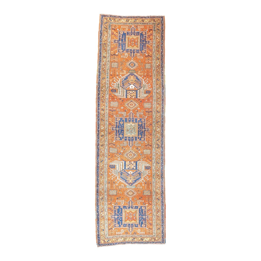 Antique Persian Heriz Long Rug 3'0" X 10'0": Antique Persian Heriz Long Rug 3'0" x 10'0". The numerous rugs of the famous NW Persian weaving district, from small scatters to giant carpets and a few runners, in semi-geometric medallion, centralis