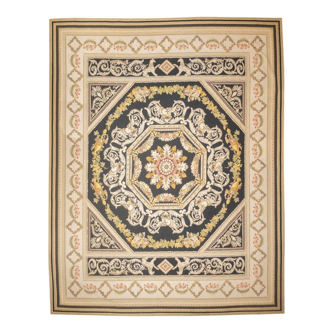 Aubusson Flat Weave Wool Rug 12'0" X 15'0": Aubusson Flat Weave Wool Rug 12'0" x 15'0". Refers generally to modern carpets in tapestry technique and inspired by French Aubusson designs of the 18th and later centuries. Geometric or semi-floral. 