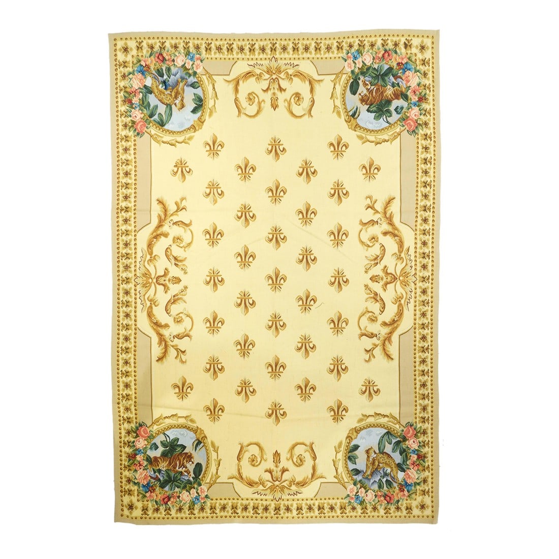 Aubusson Flat Weave Wool Rug 6'0" X 9'0": Aubusson Flat Weave Wool Rug 6'0" x 9'0". Refers generally to modern carpets in tapestry technique and inspired by French Aubusson designs of the 18th and later centuries. Geometric or semi-floral. Sc
