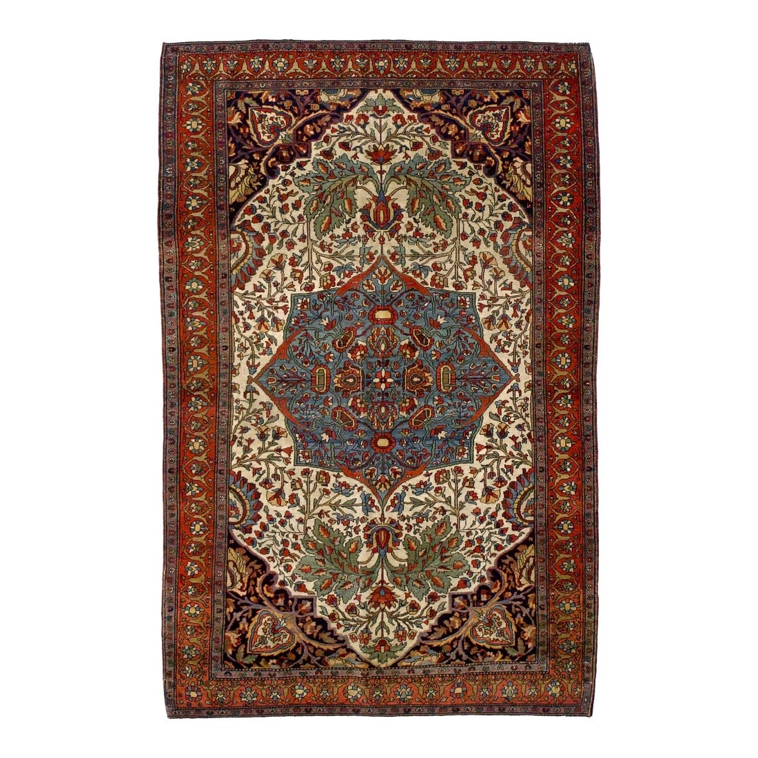 Late 19th Century Farahan Sarouk Rug 4'3" X 6'7": Antique Farahan Sarouk Rug 4'3" x 6'7". The scatter and room size pieces made in the Arak/Sultanabad area, between 1880 and 1910, with firm and leathery well-woven textures, and strong in red, navy an