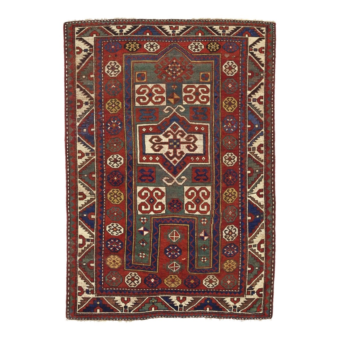 Antique Fakhralou Kazak Rug 3'11" X 5'11": Antique Fakhralou Kazak Rug 3'11" x 5'11". SW Caucasus/Armenia. Boldly patterned, strongly colored, totally geometric, all wool, coarse to moderate weave, medium to long pile, scatter format pieces, i