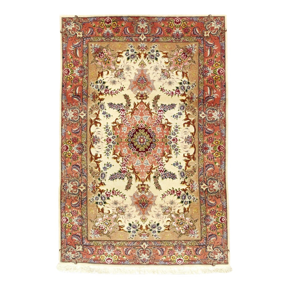Extremely Fine Vintage Persian Tabriz Wool and Silk Rug 3'4" X 5'2": Extremely Fine Vintage Persian Tabriz Wool and Silk Rug 3'4" x 5'2". The enormous output of carpets and scatters in virtually every style: medallion, centralized, directional or allover, trein a varie