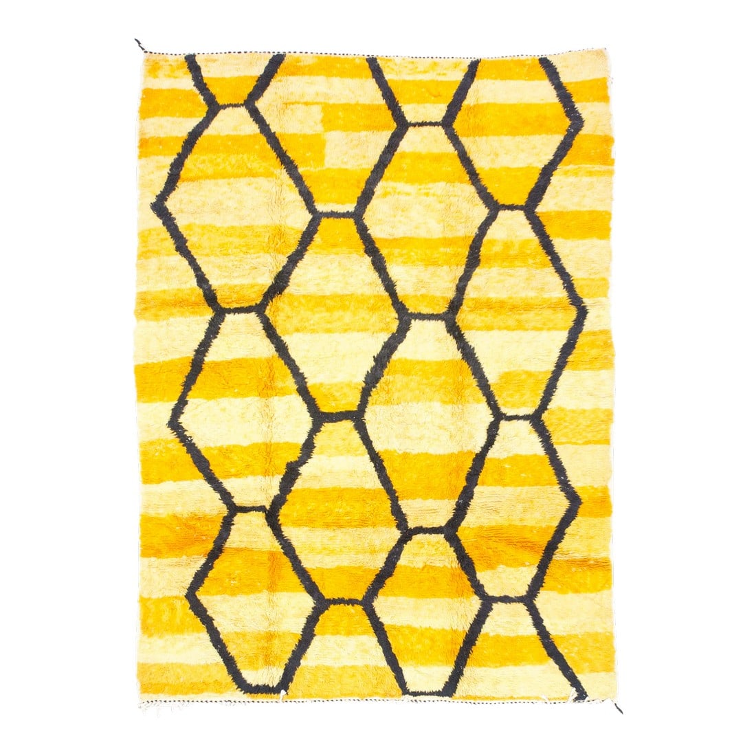 Vintage Yellow & Orange Moroccan Rug 6'9" X 9'7": Vintage Moroccan Rug 6'9" x 9'7". The 16 point round medallion of this finely woven Qum urban silk carpet suspends two bold pendants, and is centrally set on a sand ground accented by dark leaves. The