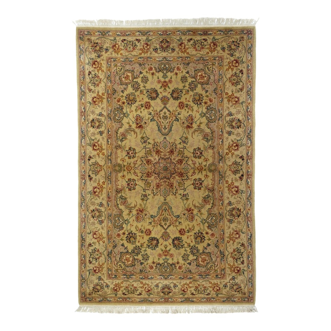 Pak Persian Tabriz Design Rug 3'9'' X 5'9'': PAK Persian Tabriz Design Rug 3'9'' x 5'9''. A round, 16- point central palmette medallion with outlined escuteon pendants, dominates the straw sub-field with a closely set palmette pattern towards th