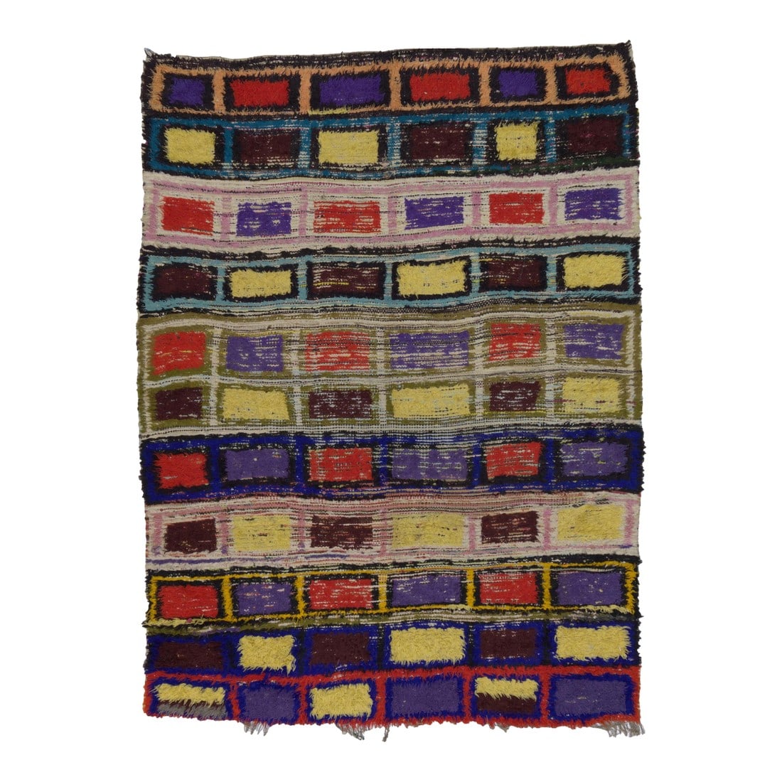 Mid Century Moroccan Rug 4'11" X 6'7": Mid Century Moroccan Rug 4'11" x 6'7". Comprising both the nomadic Berber rugs of the Atlas Mountains, with very thick piles, coarse knotting and limited palettes, and the more colourful, coarse to mo