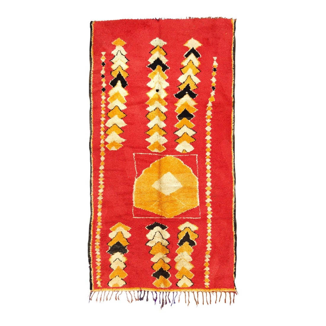 Mid Century Moroccan Rug 4'7" X 8'5": Mid Century Moroccan Rug 4'7" x 8'5". Comprising both the nomadic Berber rugs of the Atlas Mountains, with very thick piles, coarse knotting and limited palettes, and the more colorful, coarse to mode