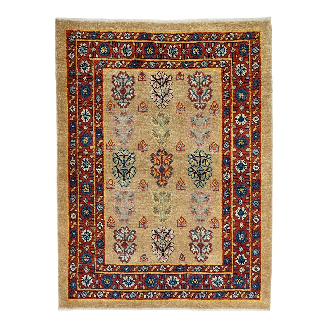 Vintage Persian Veramin Rug 4'4" X 5'9": Vintage Persian Veramin Rug 4'4" x 5'9". The camel-tone field displays a 3 by 5 array of five floret plants in shades of: red, straw, navy, green and royal blue. Pale blue subsidiary flowers. Red main