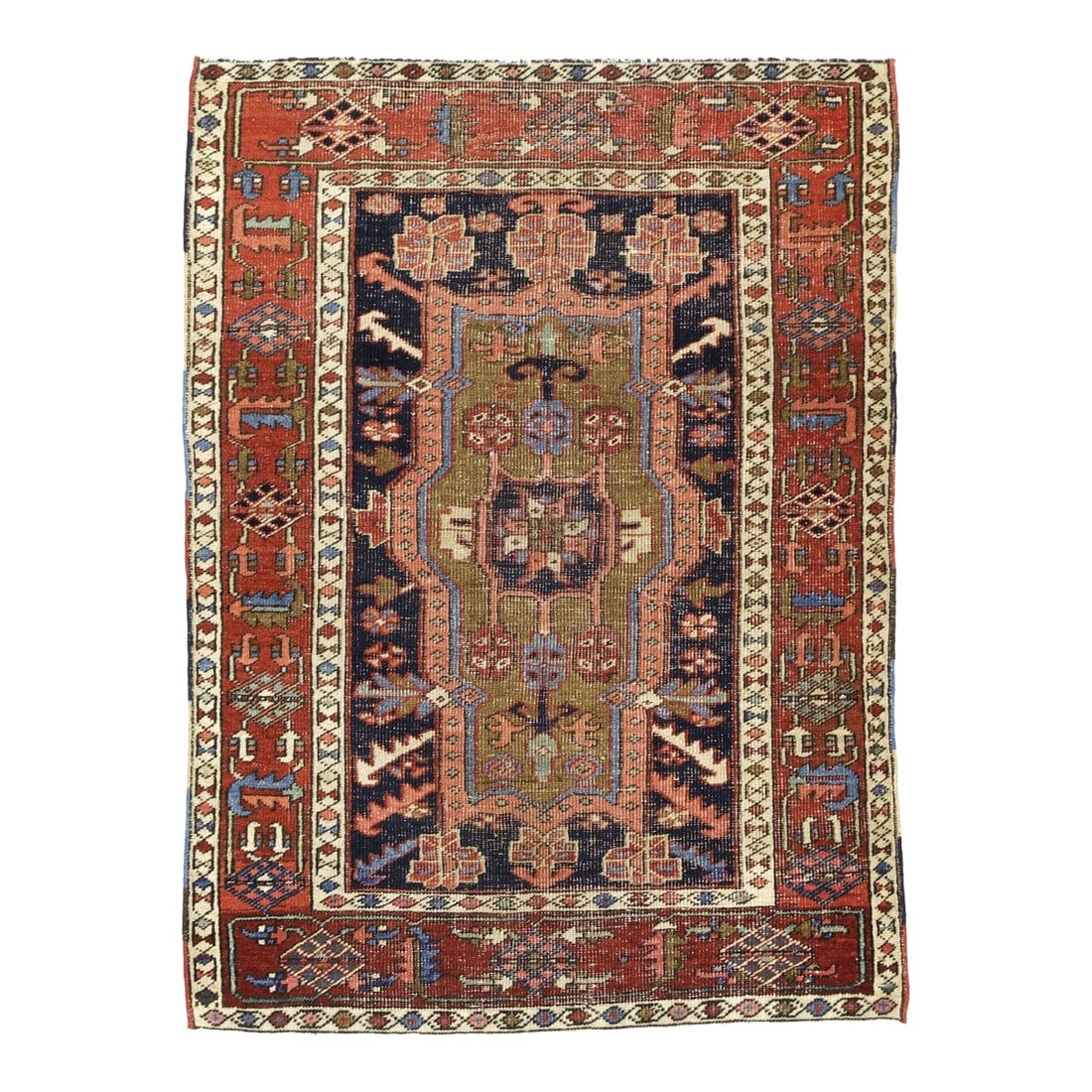 Antique Persian Heriz Rug 3'3" X 4'6": Antique Persian Heriz Rug 3'3" x 4'6". The numerous rugs of the famous NW Persian weaving district, from small scatters to giant carpets and a few runners, in semi-geometric medallion, centralised and