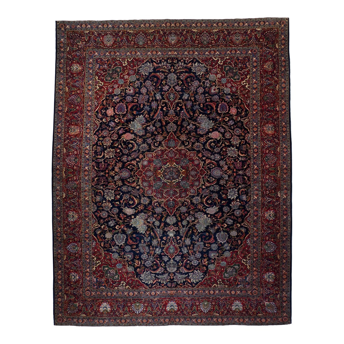 Vintage Persian Kashan Rug 9'6" X 11'6": Vintage Persian Kashan Rug 9'6" x 11'6". Central Persian city known for finely woven. room size and scatter rugs, with dominant reds and navy, and medallion patterns and swirling palmettes. Wool and a