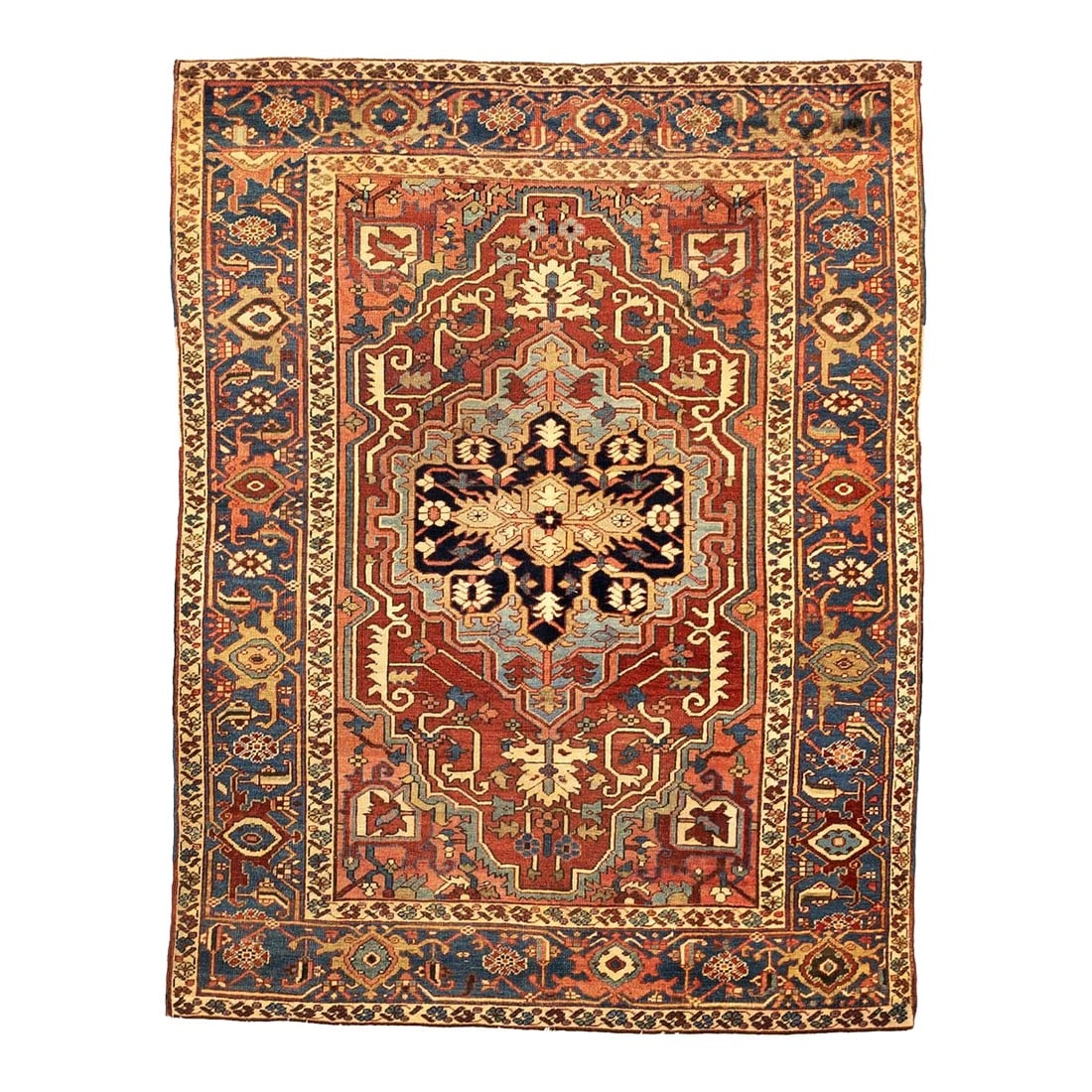Antique Persian Serapi Rug 5'2" X 6'9": Antique Persian Serapi Rug 5'2" x 6'9". A higher grade of Heriz carpets, usually in medallion designs, with crisp natural dyes, and primarily woven between 1900 and 1930. Red field, navy border is the