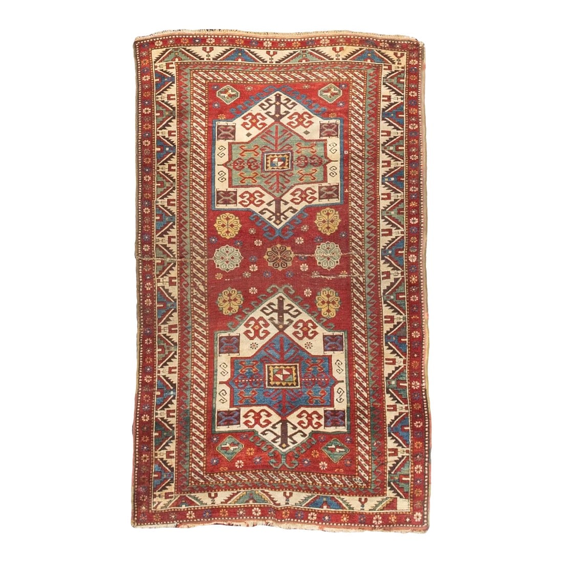 Antique Caucasian Kazak Rug 4'3" X 7'0": Antique Caucasian Kazak Rug 4'3" x 7'0". SW Caucasus/Armenia. Boldly patterned, strongly coloured, totally geometric, all wool, coarse to moderate weave, medium to long pile, scatter format pieces, in