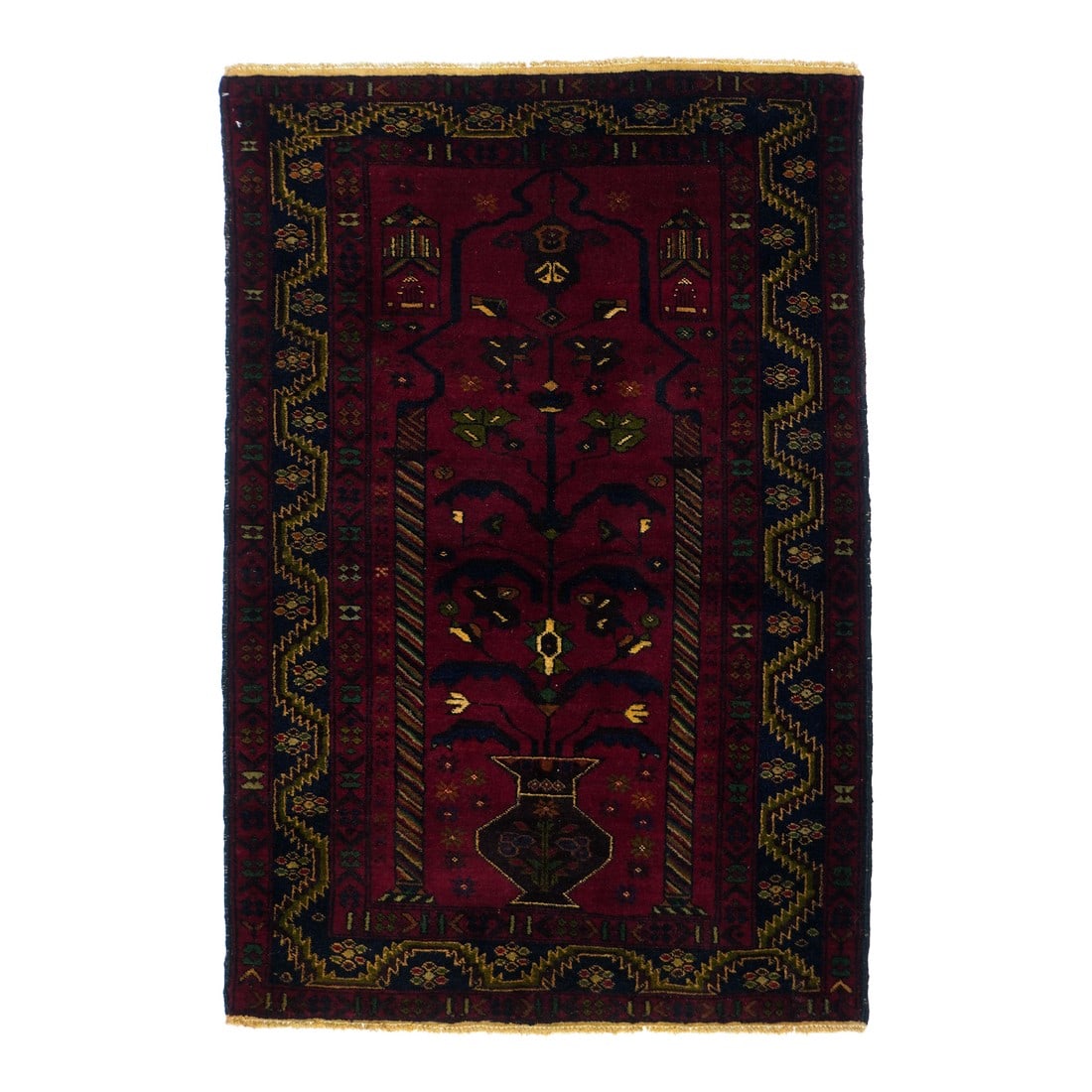 Vintage Afgan Balouch Rug 3'0" X 4'8": Vintage Afgan Balouch Rug 3'0" x 4'8". Interesting prayer scatter with n all red ground displaying striped lateral columns upholding a wavy niche arch. Basal dark blue vase with extravagantly blue