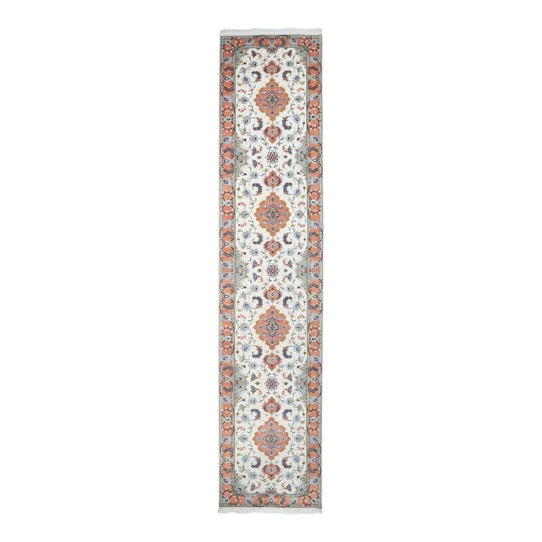Persian Tabriz Wool & Silk Runner 2'9'' X 13'4'': Extremely Fine Persian Tabriz Woven by the Artist Master Weaver. Wool & Silk Runner 2'9'' x 13'4''. The enormous output of carpets and scatters in virtually every style: medallion, centralized, direct