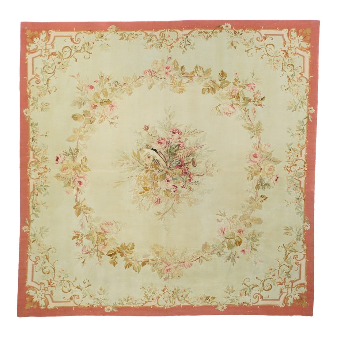 Antique Aubusson Rug 5'0'' X 5'0'': Antique Aubusson Rug 5'0'' x 5'0''. Refers generally to modern carpets in tapestry technique and inspired by French Aubusson designs of the 18th and later centuries. Geometric or semi-floral. Scatters