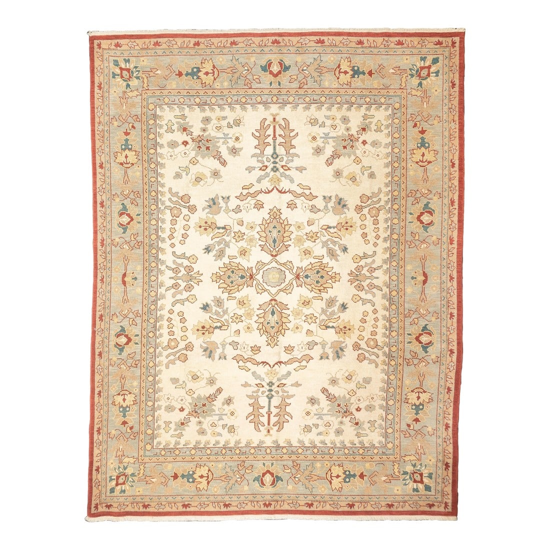 Oushak Rug 9'0" X 12'0": Oushak Rug 9'0" x 12'0". Town in Western Anatolia, weaving mostly room sizes, in coarse to moderate weave, high pile. Antiques are all wool, changing to cotton foundations in the 1920's. Geometric or
