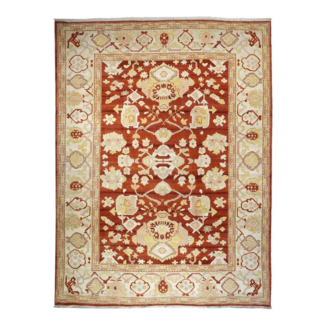 Turkish Oushak Rug 9'0" X 12'0": Turkish Oushak Rug 9'0" x 12'0". Town in Western Anatolia, weaving mostly room sizes, in coarse to moderate weave, high pile. Antiques are all wool, changing to cotton foundations in the 1920's. Geome