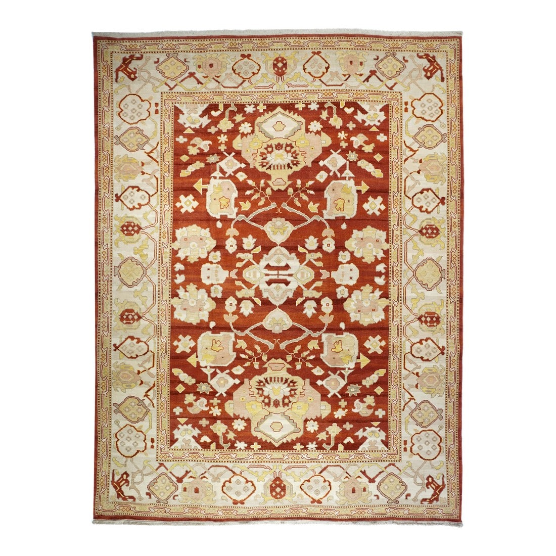 Turkish Oushak Rug 9'2'' X 12'7'': Turkish Oushak Rug 9'2'' x 12'7''. Town in Western Anatolia, weaving mostly room sizes, in coarse to moderate weave, high pile. Antiques are all wool, changing to cotton foundations in the 1920's.