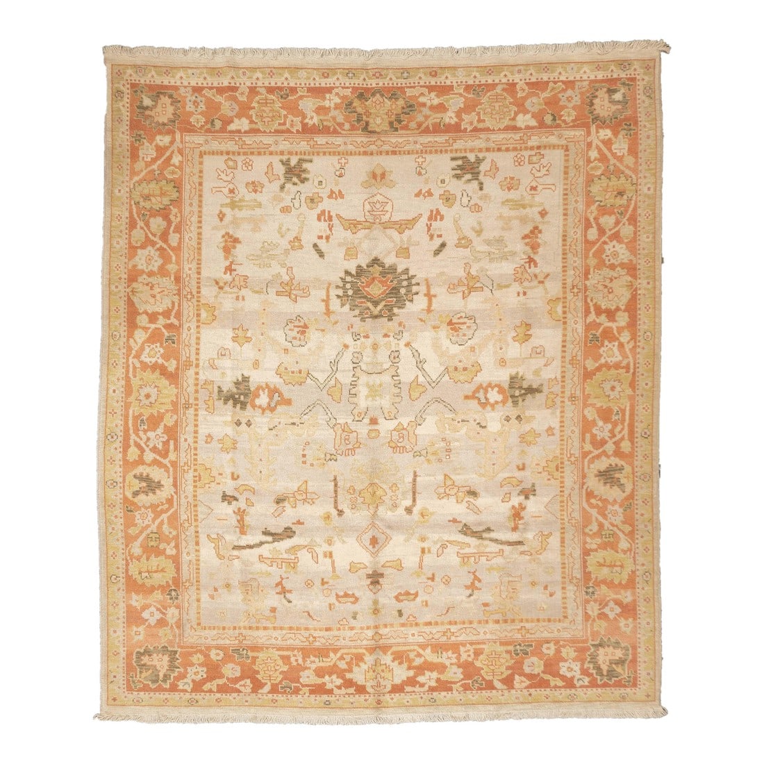 Turkish Oushak Rug 8'0" X 10'0": Turkish Oushak Rug 8'0" x 10'0". Town in Western Anatolia, weaving mostly room sizes, in coarse to moderate weave, high pile. Antiques are all wool, changing to cotton foundations in the 1920's. Geome