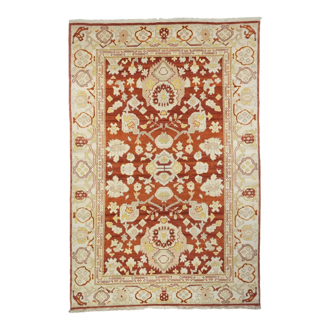 Turkish Oushak Rug 6'0" X 9'0": Turkish Oushak Rug 6'0" x 9'0". Town in Western Anatolia, weaving mostly room sizes, in coarse to moderate weave, high pile. Antiques are all wool, changing to cotton foundations in the 1920's. Geomet