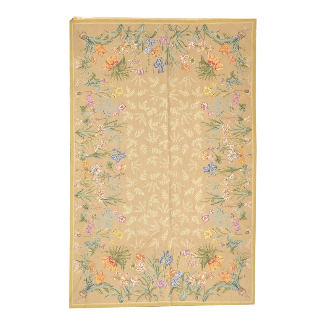 French Aubusson Design Rug 8'0" X 10'0": French Aubusson Design Rug 8'0" x 10'0". Usually English or French, often with repeating allover designs executed with wool cross-stitches. Larger carpets are workshop productions, smaller pieces have