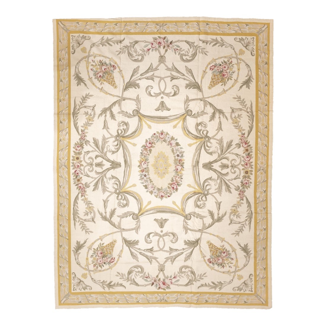 French Aubusson Design Rug 9'0" X 12'0": French Aubusson Design Rug 9'0" x 12'0". Usually English or French, often with repeating allover designs executed with wool cross-stitches. Larger carpets are workshop productions, smaller pieces have
