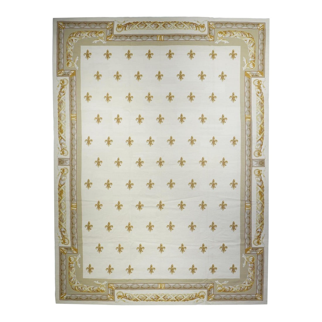 French Aubusson Design Rug 12'0" X 15'0": French Aubusson Design Rug 12'0" x 15'0". Usually English or French, often with repeating allover designs executed with wool cross-stitches. Larger carpets are workshop productions, smaller pieces hav