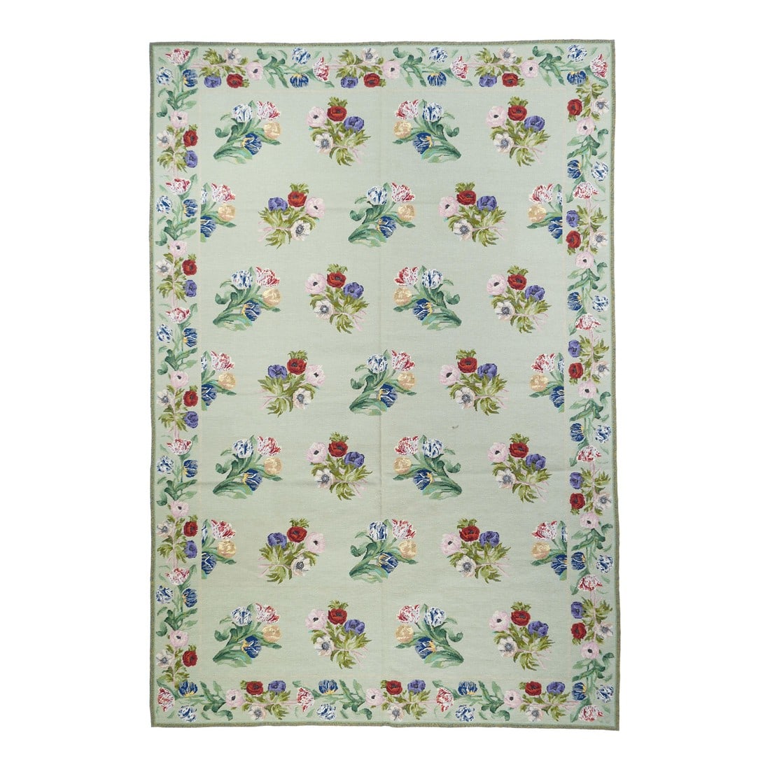 French Aubusson Design Rug 6'0" X 9'0": French Aubusson Design Rug 6'0" x 9'0". Usually English or French, often with repeating allover designs executed with wool cross-stitches. Larger carpets are workshop productions, smaller pieces have