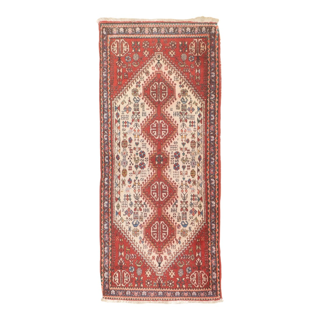 Vintage Persian Abadeh Rug 2'0" X 4'8": Vintage Persian Abadeh Rug 2'0" x 4'8". The ecru field presents a central pole medallion of five, knob-fringed red conjoint octagons, set on a sand sub-field decorated with birds, octagons,