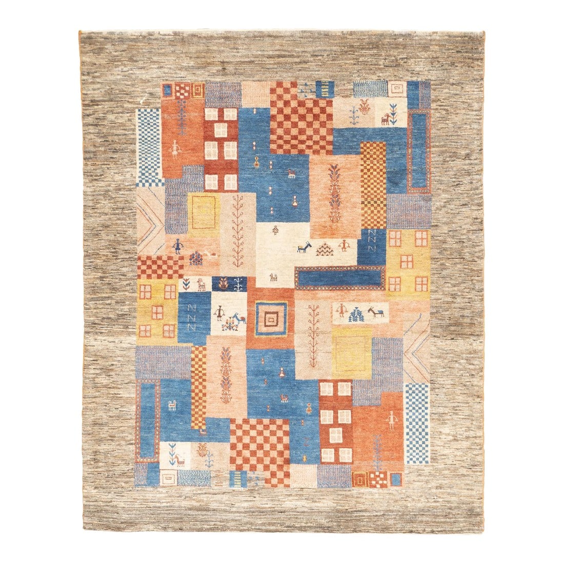 Mid Century Persian Gabbeh Rug 5'3'' X 6'6'': Mid Century Persian Gabbeh Rug 5'3'' x 6'6''. Wool pile rugs, usually scatter formats, woven by the Qashghai tribes of SW Persia (Fars Province), in moderate weave, uncluttered geometries and