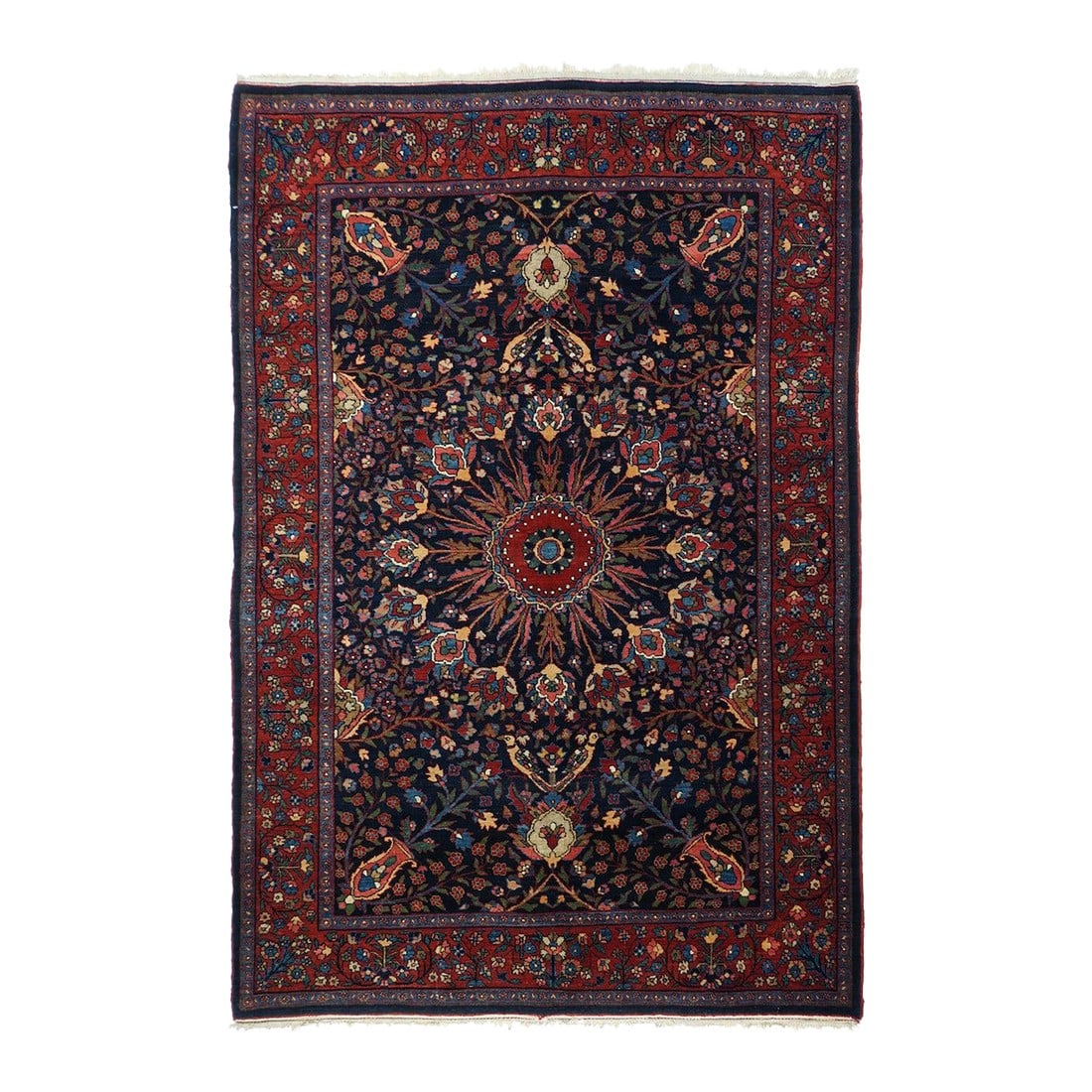 Antique Bidjar Rug 4'6'' X 6'8'': Antique Bidjar Rug 4'6'' x 6'8''. This well-woven Kurdish town scatter shows a radiating 16-palmette and leaf flowerhead pattern on a rich navy ground. Field corner diagonal vases. Wine red border of