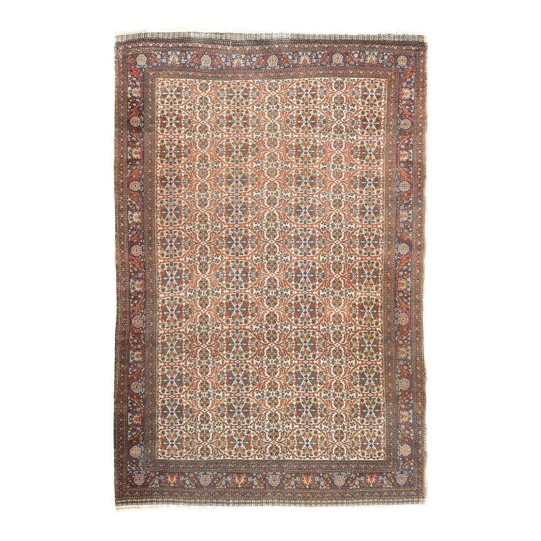 Late 18th Century Ivory Persian Qashqai Rug 6'11'' X 10'6'': Late 18th Century Persian Qashqai Rug 6'11'' x 10'6''. This well-woven Qashghai tribal piece features an ecru ground minutely patterned with a textile repeat of rosettes, broken and curved stems and
