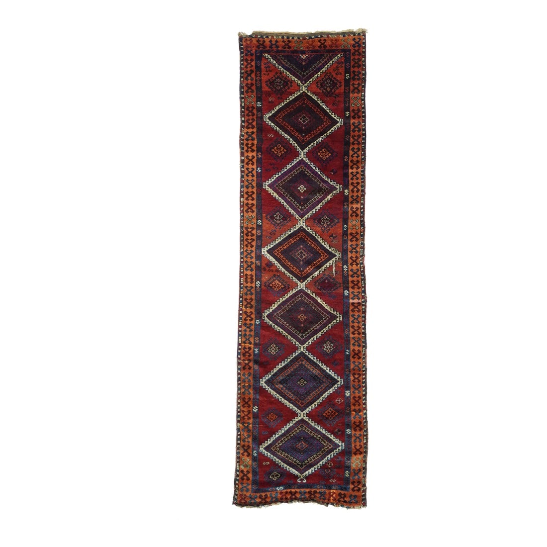 Vintage Turkish Runner 2'9'' X 10'0'': Vintage Turkish Runner 2'9'' x 10'0''. A pole medallion of six and one half open, ecru, densely layered and hooked lozenges pulls together the well-abrashed red field. Burt apricot narrow border with 