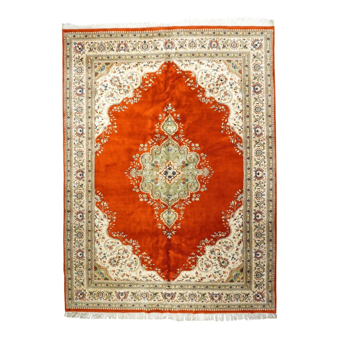 Contemporary Hand Knotted Red Tabriz Rug 8'10'' X 11'10'': Tabriz Rug 8'10'' x 11'10''. The tomato red open field is centered by a lobed and pendanted green medallion with a barbed acanthus outline and interior volutes. Ecru extended corners. Ecru main