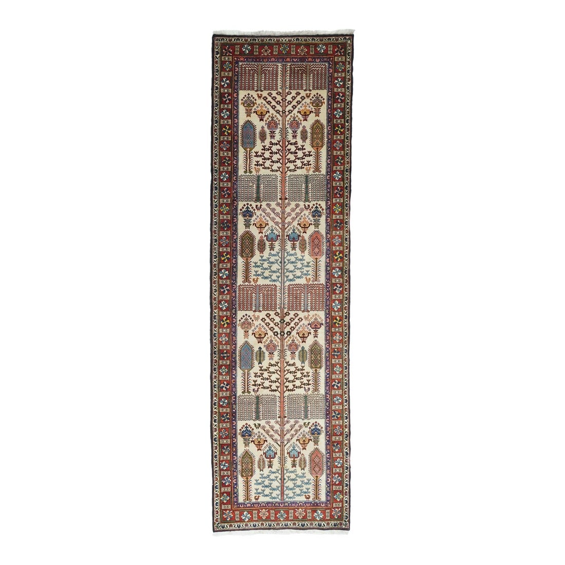Contemporary Bakhtiari Runner 2'9'' X 9'4'': Bakhtiari Runner 2'9'' x 9'4''.. This rather usually formatted Chahar Mahal piece presents an ecru field with four repeats of an abstract weeping willow, cypress tree and continuous central Chenar