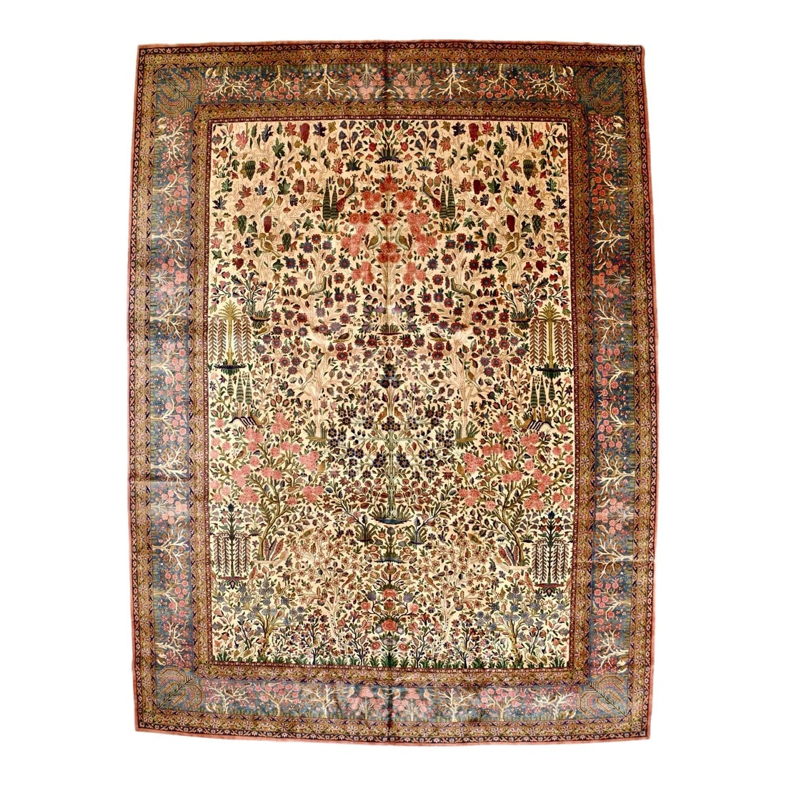 Antique Kashan Rug 11'2'' X 15'1'': Antique Kashan Rug 11'2'' x 15'1''. Central Persian city known for finely woven. room size and scatter rugs, with dominant reds and navy, and medallion patterns and swirling palmettes. Wool and a few