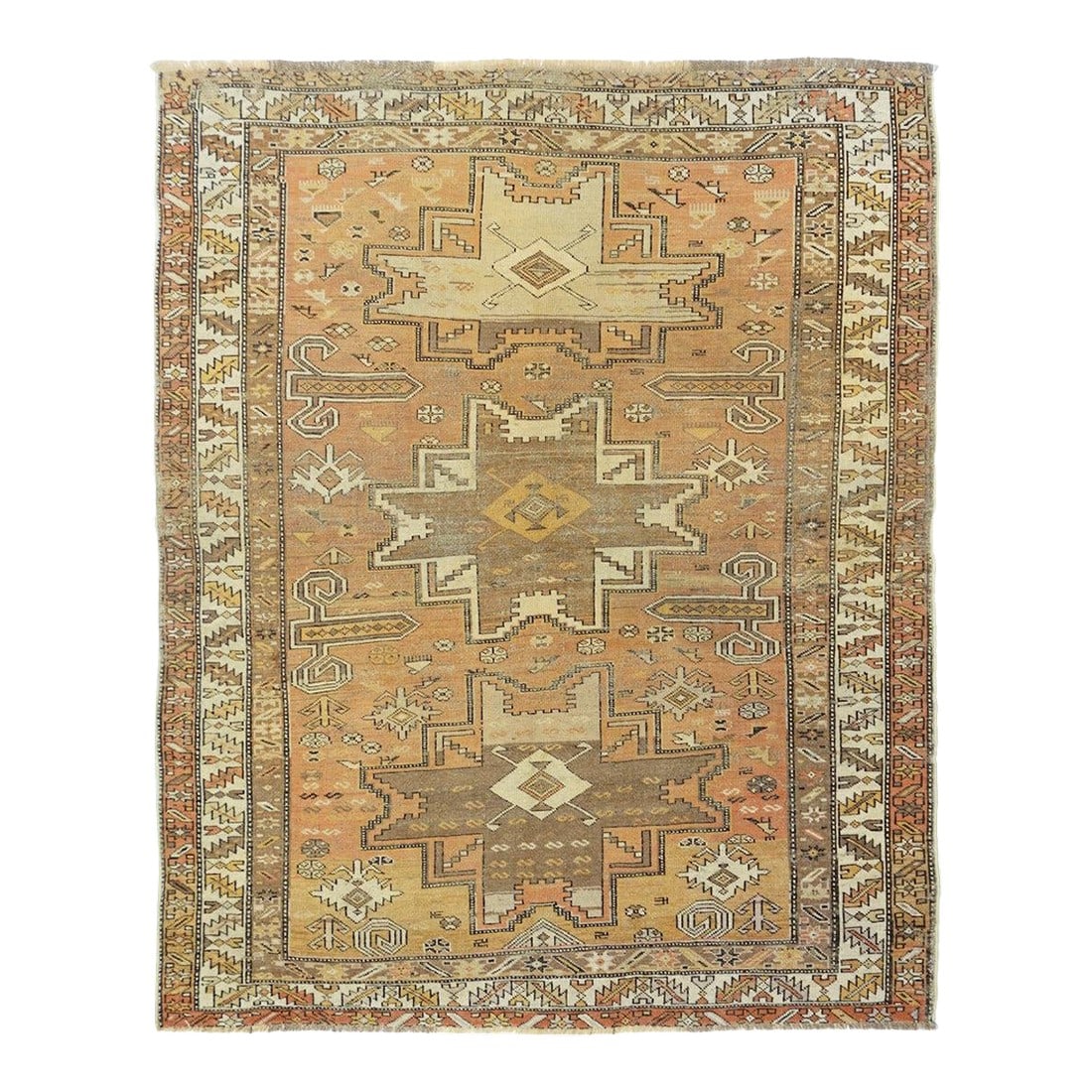 Antique Caucasian Shirvan Rug 3'11'' X 5'1'': Antique Caucasian Shirvan Rug 3'11'' x 5'1''. The burnt salmon-rust field shows three "Lesghi stars" accented in eggshell, orange-rust and abrashed green, with lateral Perpedil "daggers" and ashiks,