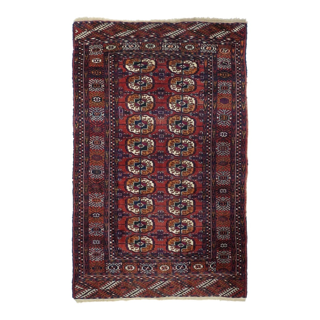 Vintage Turkmen Rug 3'8'' X 5'9'': The red field displays two columns, each of ten characteristic red and burnt apricot quartered tribal guls, with chemche minor guls between. Red border with rayed octagons. End elem panels with