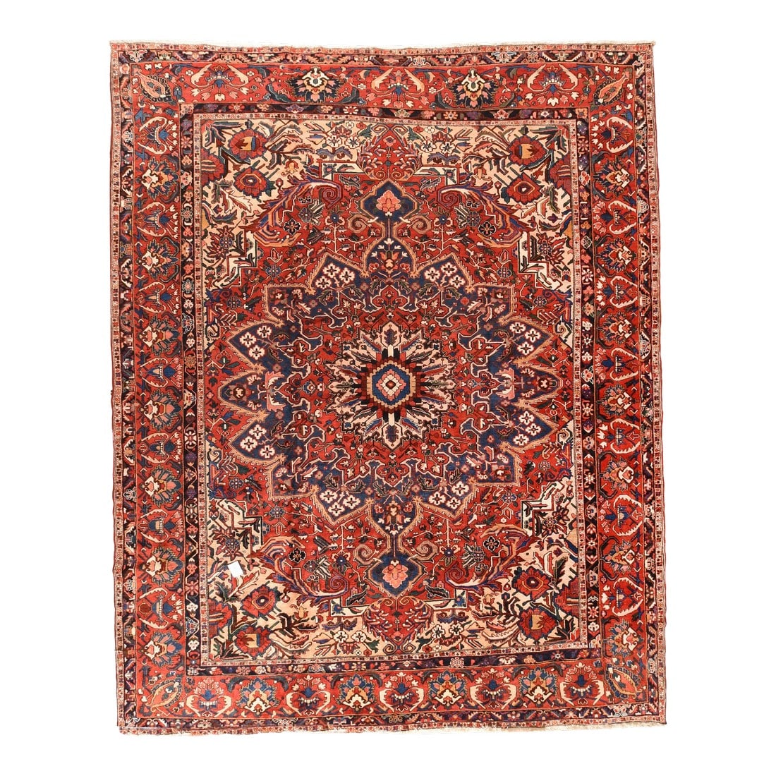 Vintage Persian Bakhtiari Rug 12'8'' X 15'4'': Vintage Persian Bakhtiari Rug 12'8'' x 15'4''. The 16 point round navy medallion shelters triple and single flowers in alternation, with conforming red and cream sub-medallions, on the tomato madder