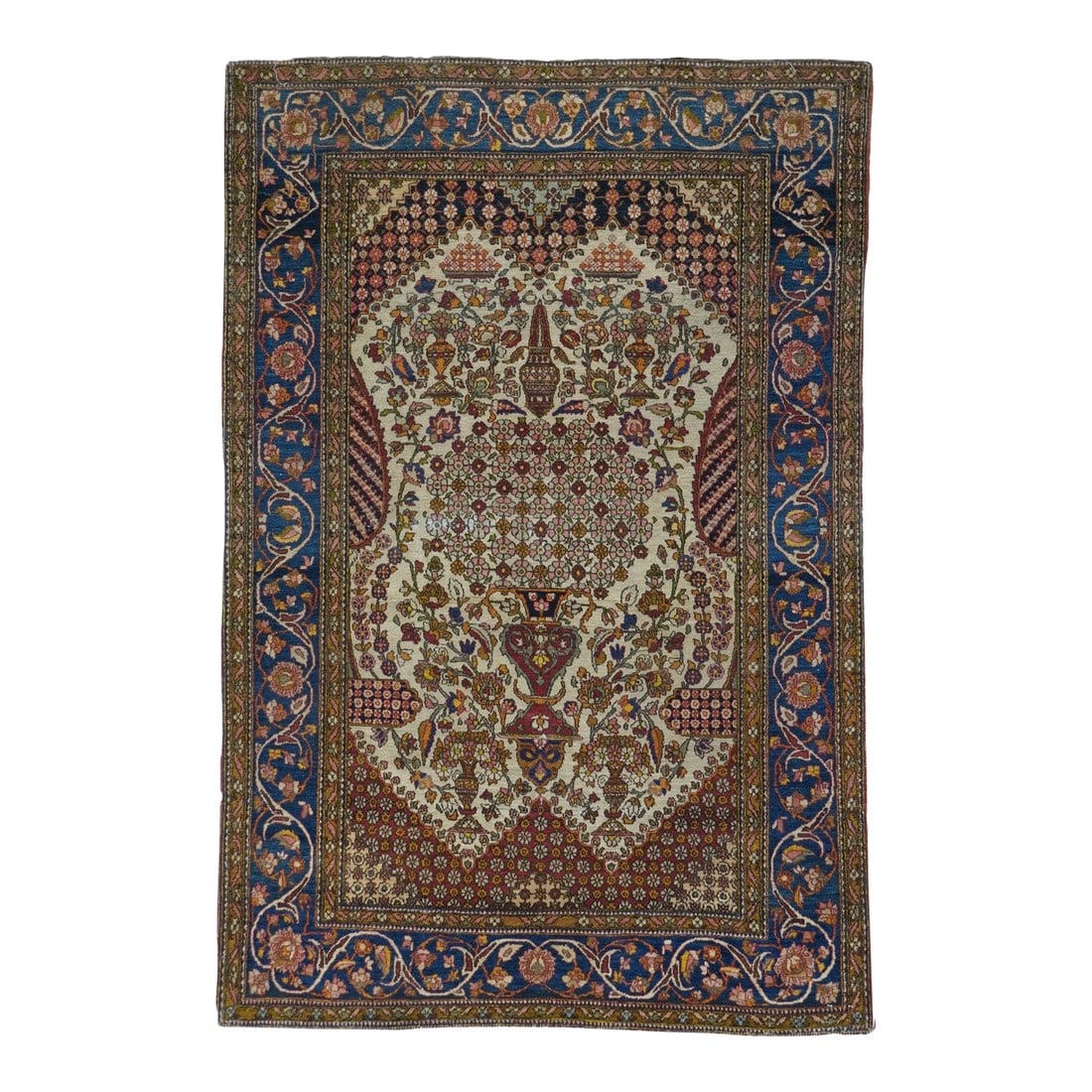 Antique Tehran Rug 4'5'' X 6'8'': The interwar, finely woven curvilinear scatters and room sizes woven in the capital city. Medallion, allover and directional/niche layouts. Extensive palettes and high quality wool, on cotton.