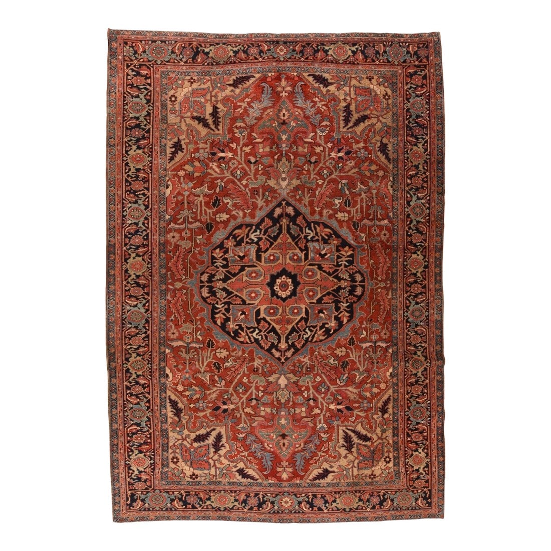 Antique Heriz Serapi Rug 8'9'' X 12'6'': Classically Heriz, with a shaped and pointed navy medallion centred by a rose concave diamond, on a natural madder red field displaying chunky vinery and imaginative flowers, and detached escutcheon p
