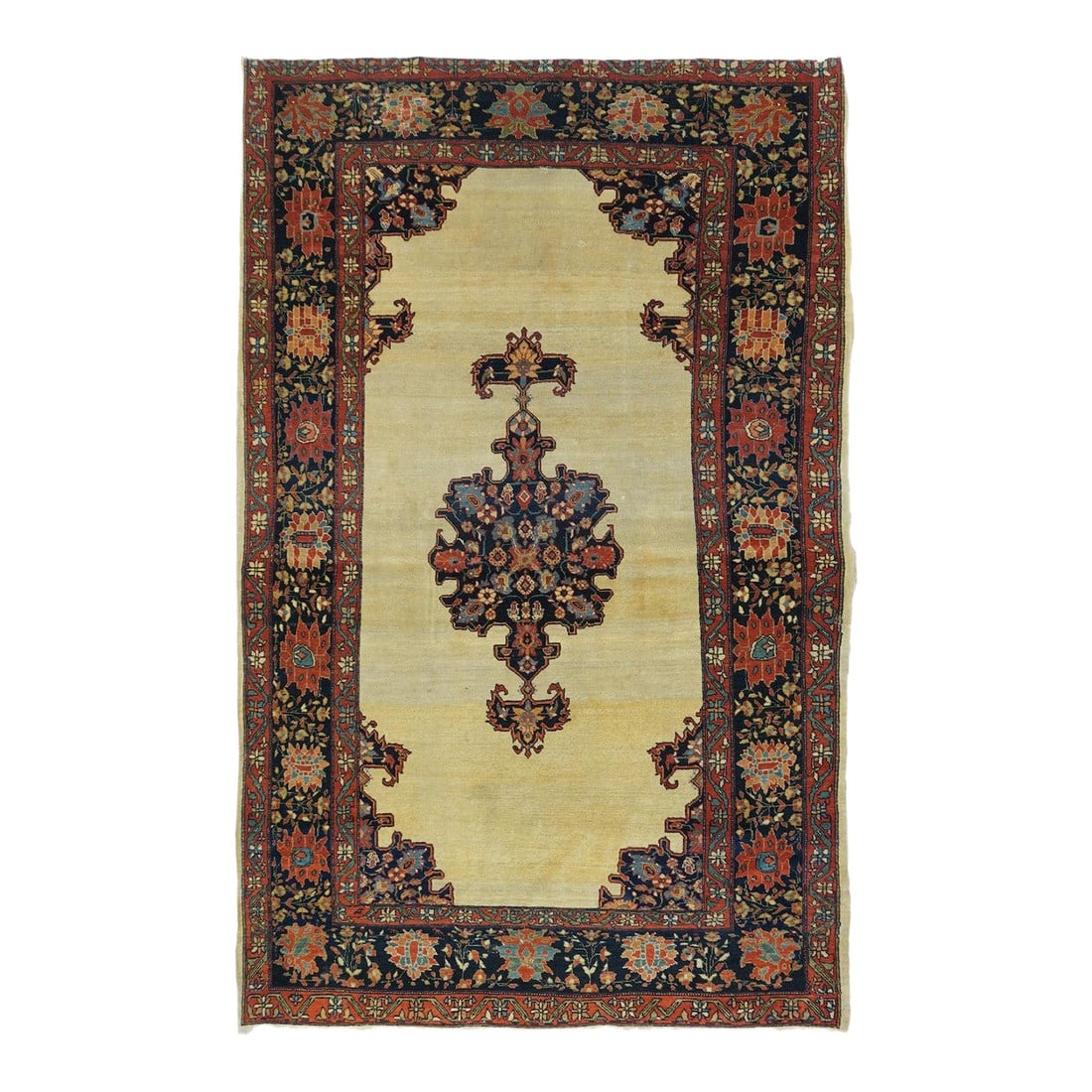 Late 18th Century Antique Farahan Sarouk Rug 4'1'' X 7'0'': This scatter is one of the most desirable of Farahan-Sarouk types with its contrast of a very subtly abrashed open sandy-cream field and crisp navy pendanted medallion with closely en suite corners.