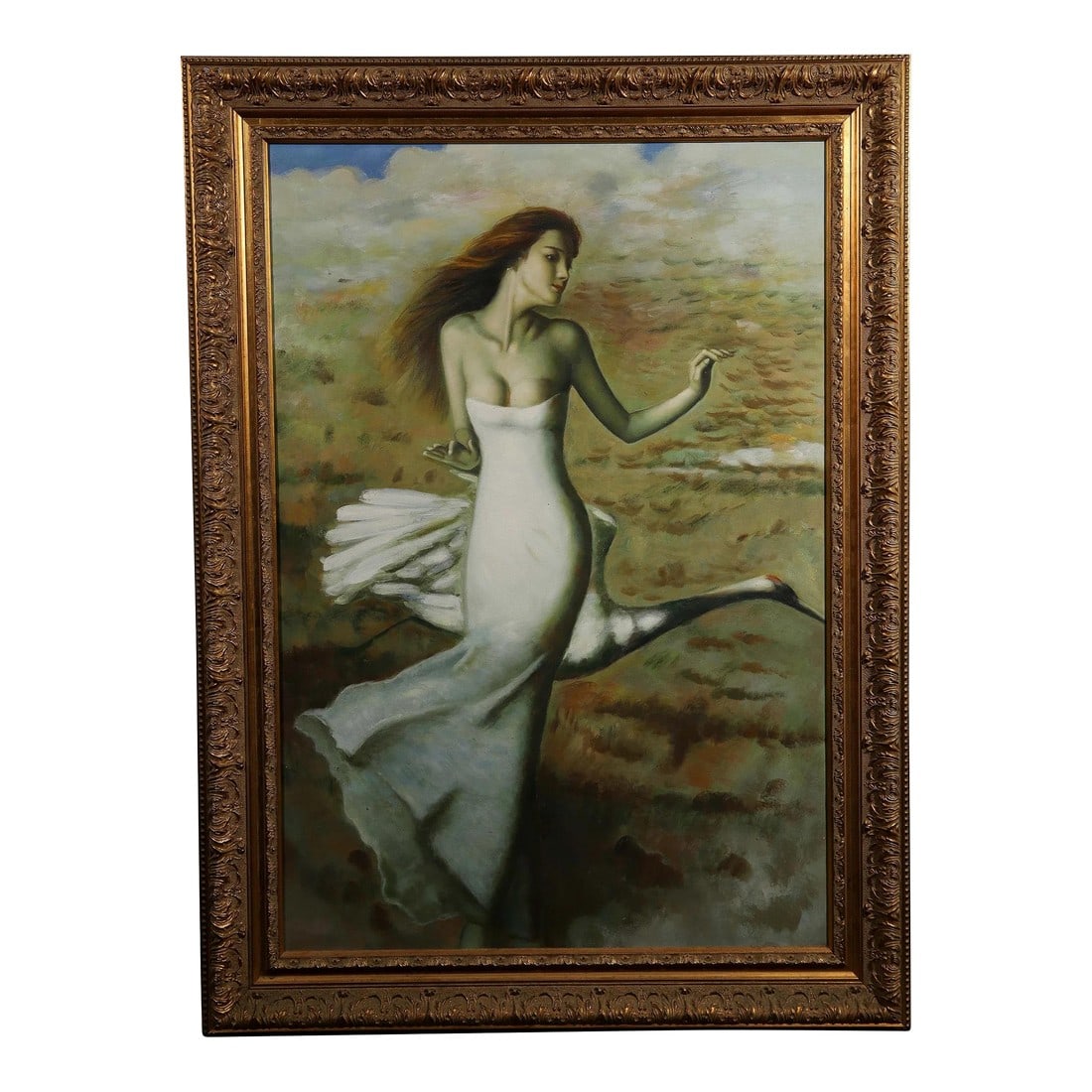 Mid 20th Century Woman in White with a Swan: Unknown artist. Acrylic on canvas 35" x 24" frame: 41.5" x 30.5" Woman in white with a swan. Unsigned. Condition: Alterations: Unknown Imperfections: Some Imperfections Condition Notes: Good