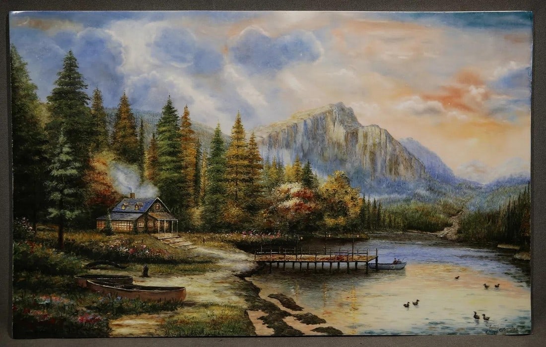 Mid 20th Century Landscape with Cabin - KPN Plaque on Porcelain: High Quality KPN Plaque Oil on Porcelain 17.25" x 27.25" Landscape with a cabin by a lake with boats Condition: Alterations: Unknown Imperfections: Some Imperfections Condition Notes: Good Condition