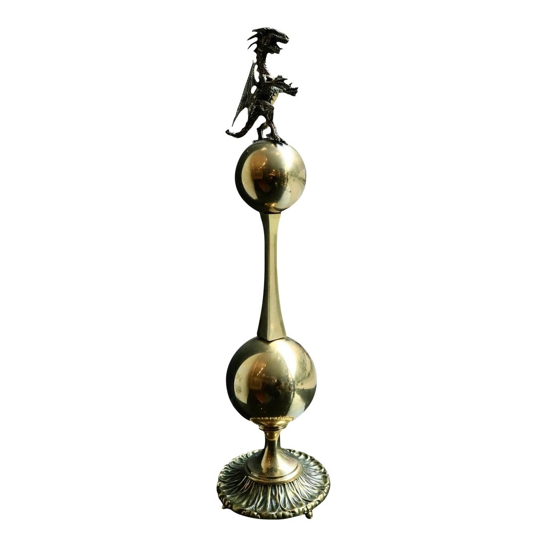 Mid 20th Century Dragon Sculpture by Andrew Rokosh: Artist Andrew Rokosh A sculpture with a refined decorative form. The slender, symmetrical structure rests on two polished brass spheres connected by a brass column, lending the piece a sense of