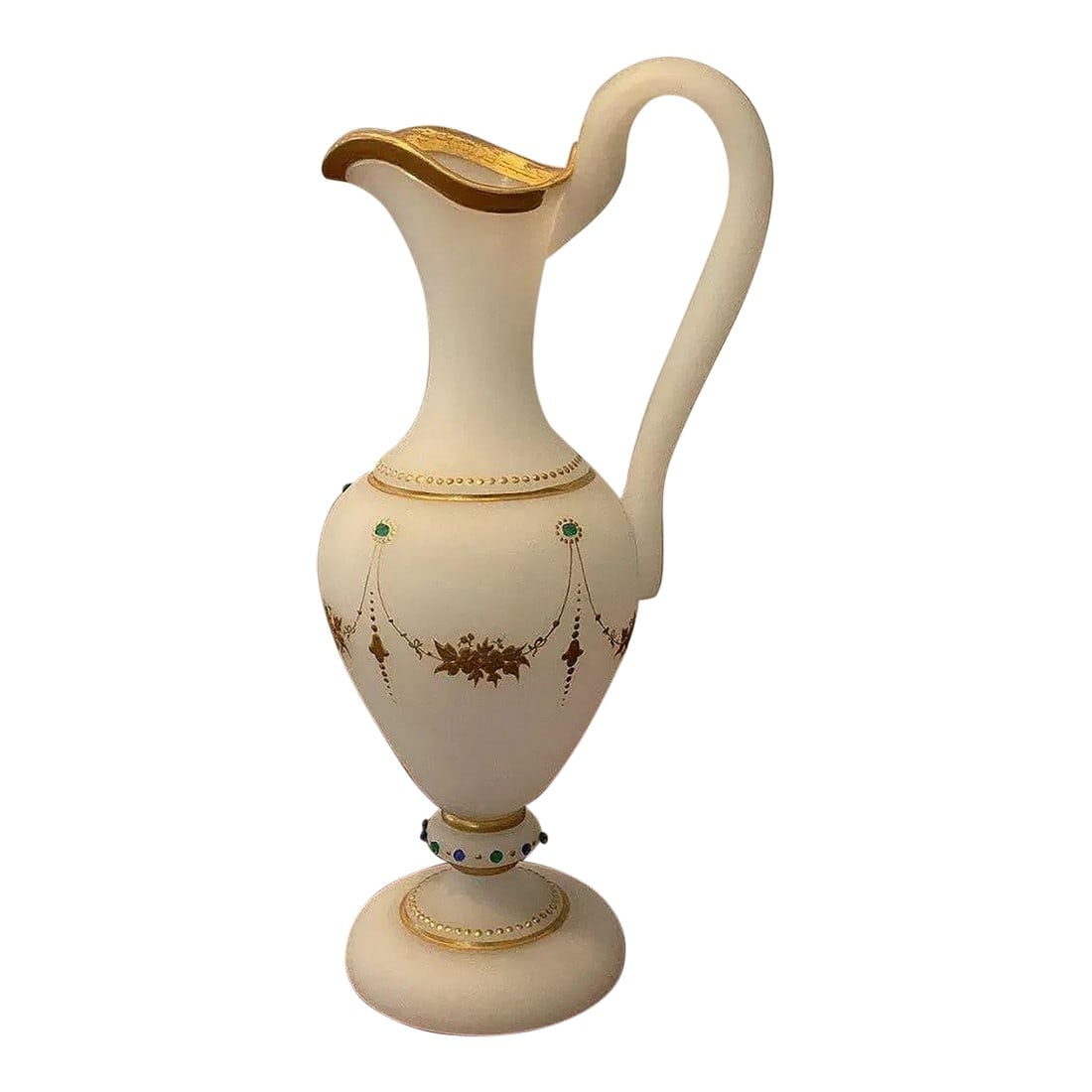 Antique European Glass Pitcher: Extremely fine European antique glass pitcher with raised gold leaf and green precious stones. Late 19th century. Dimensions 6 x 14. Please let us know if you need any additional information, photos