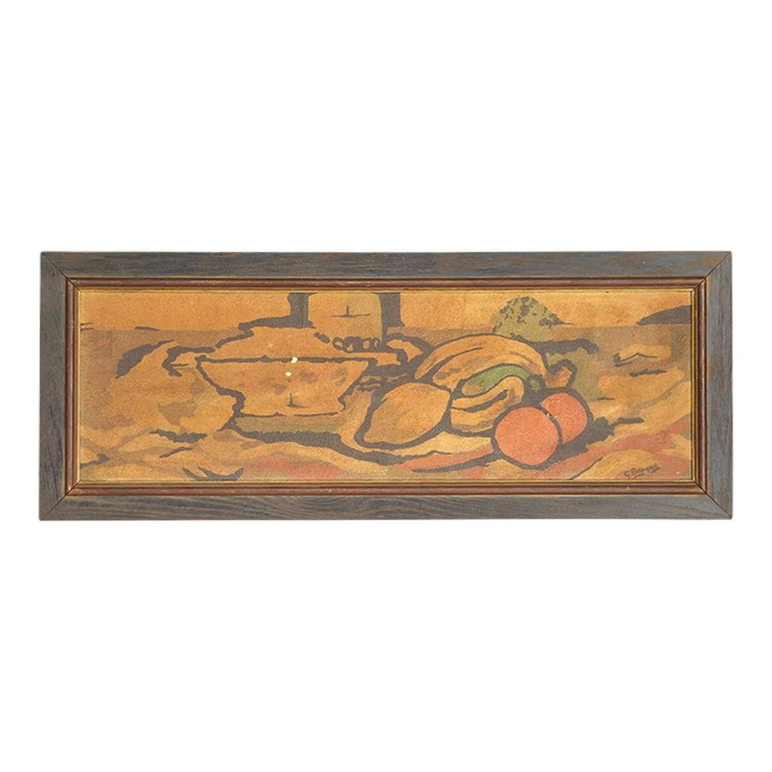 Vintage Still Life Painting - Fruit and Basket Landscape Scene: Vintage Still Life Painting Â– Fruit and Basket Landscape Scene A charming vintage still life painting depicting a basket with fruit resting in a natural landscape setting. The artwork
